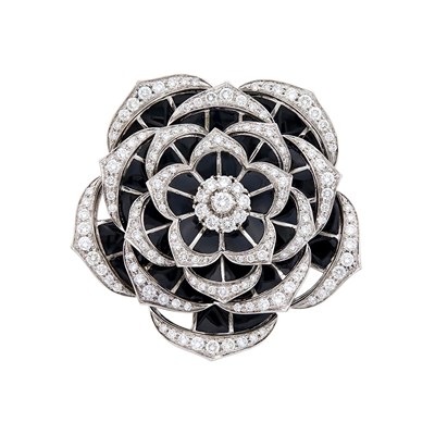 Lot 54 - White Gold, Black Onyx and Diamond Flower Clip-Brooch