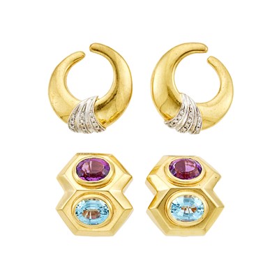 Lot 1058 - Pair of Gold, Amethyst and Blue Topaz Earrings and Pair of Two-Color Gold and Diamond Crescent Earrings