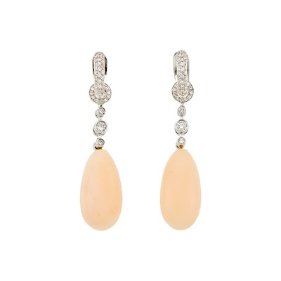 Lot 1150 - Pair of White Gold, Angel Skin Coral and Diamond Pendant-Earrings