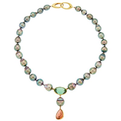 Lot 1041 - Gold, Baroque Gray Cultured Pearl and Multicolored Tourmaline Pendant-Necklace