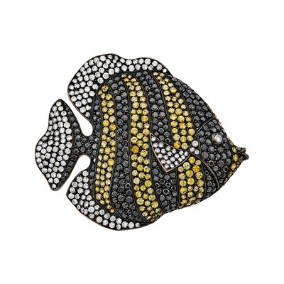 Lot 1224 - Blackened Silver, Diamond, Black Diamond and Yellow Sapphire Fish Clip-Brooch