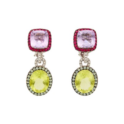 Lot 1228 - Pair of Two-Color Gold, Amethyst, Lemon Quartz, Ruby, Green Sapphires and Diamond Pendant-Earrings