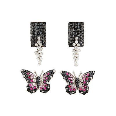 Lot 1225 - Two Pairs of White Gold, Diamond, Black Diamond and Pink Sapphire Earrings