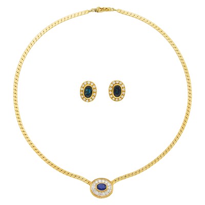Lot 1186 - Two-Color Gold, Sapphire and Diamond Necklace and Pair of Earclips