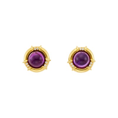 Lot 1156 - Tiffany & Co. Pair of Gold, Platinum, Cabochon Amethyst and Diamond Earclips