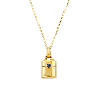 Lot 1178 - Tiffany & Co. Gold and Cabochon Sapphire Locket Pendant with Long Chain Necklace