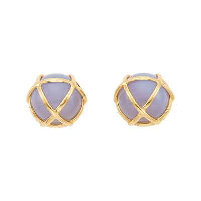 Lot 1159 - Pair of Gold and Blue Chalcedony Earclips