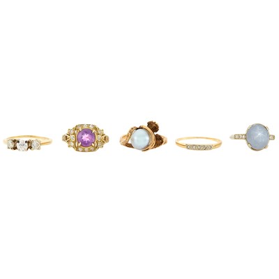 Lot 1305 - Group of Gold, Gold-Plated Platinum, Low Karat Gold, Gem-Set and Diamond Rings