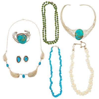 Lot 1312 - Group of Silver, Turquoise, Nephrite and Freshwater Pearl Jewelry