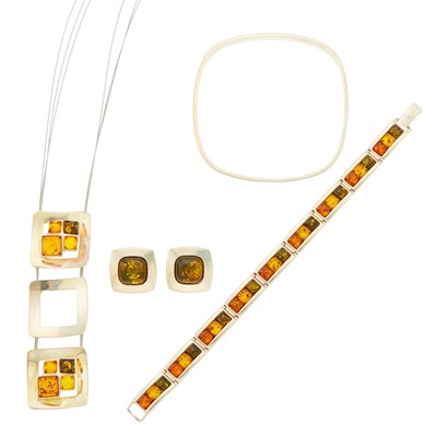 Lot 1290 - Silver and Amber Triple Strand Pendant-Necklace, Bracelet, Pair of Earclips and Silver Bangle Bracelet