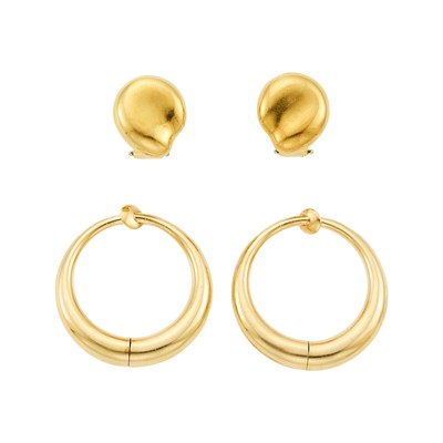 Lot 1004 - Tiffany & Co. Pair of Gold Hoop Earclips and Tiffany & Co., Elsa Peretti Pair of Gold Thumbprint Earrings