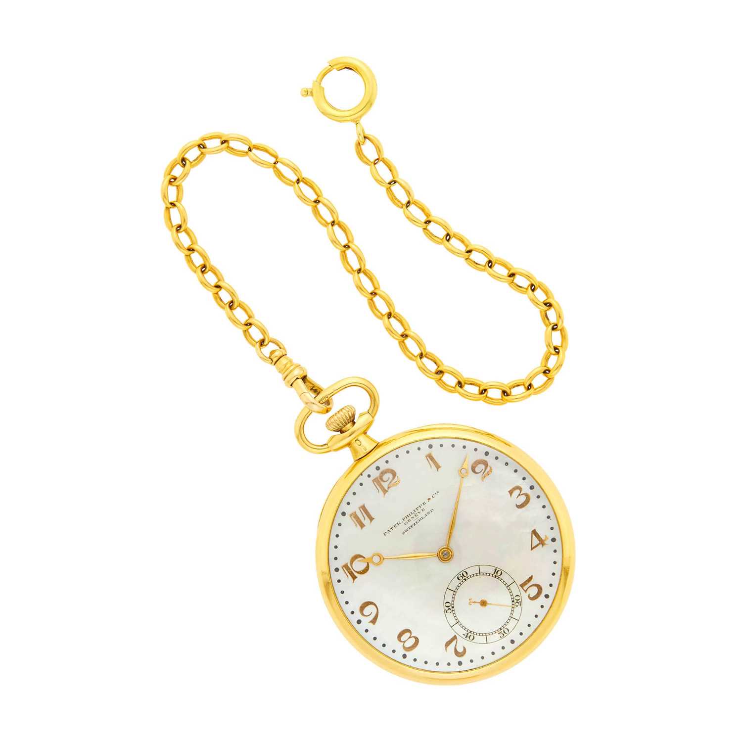 Lot 1029 - Patek Philippe Gold and Mother-of-Pearl Open Face Pocket Watch with Watch Chain Fob