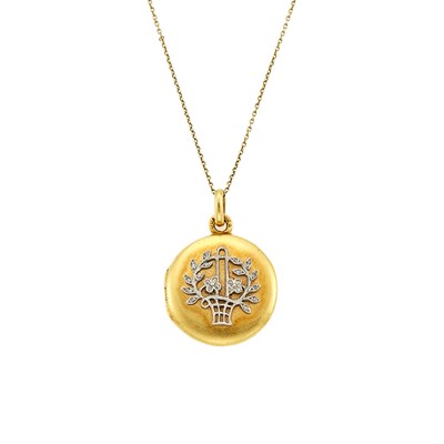 Lot 1113 - Gold, Platinum and Diamond Bouquet Locket Charm with Gold Chain Necklace