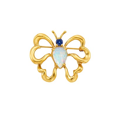 Lot 1029 - Gold, White Opal and Sapphire Butterfly Brooch