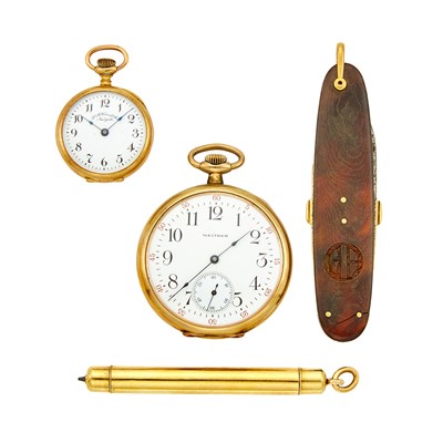 Lot 1311 - Gold Pencil Pendant, Tortoise Shell and Metal Pocket Knife, and Two Gold and Gold-Filled Open Face Pocket Watches