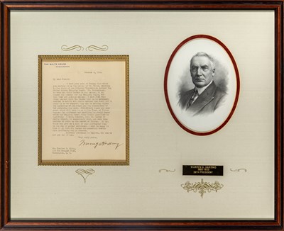 Lot 260 - A typed letter signed by Warren G. Harding as President