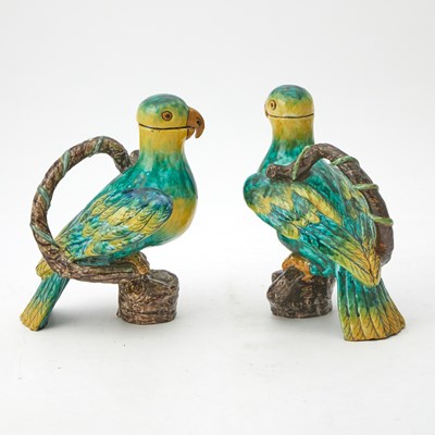 Lot 559 - Pair of Proskau or Glienitz Faience Parrot-Form Jugs and Covers