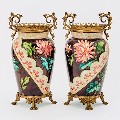 Lot 216 - Pair of Gilt-Metal Mounted Majolica Vases by Edouard Gilles