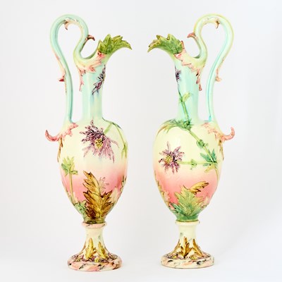 Lot 218 - Pair of Delphin Massier Majolica Ewers