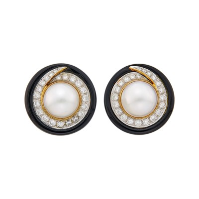 Lot 99 - Pair of Two-Color Gold, Mabé Pearl, Black Onyx and Diamond Earclips