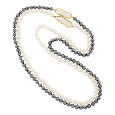 Lot 1278 - Two Long Cultured Pearl and Hematite Bead, Gold and Baroque Freshwater Pearl Necklaces