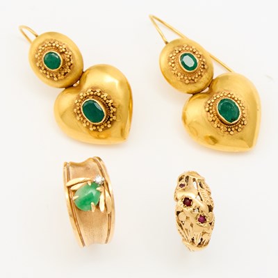 Lot 1246 - Pair of Gold and Emerald Pendant-Earrings and Two Rings