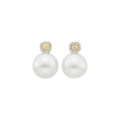 Lot 51 - Pair of White Gold, South Sea Cultured Pearl, Colored Diamond and Diamond Earrings