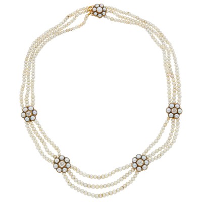 Lot 101 - Antique Triple Strand Natural and Cultured Pearl, Gold, Diamond and Split Pearl Necklace