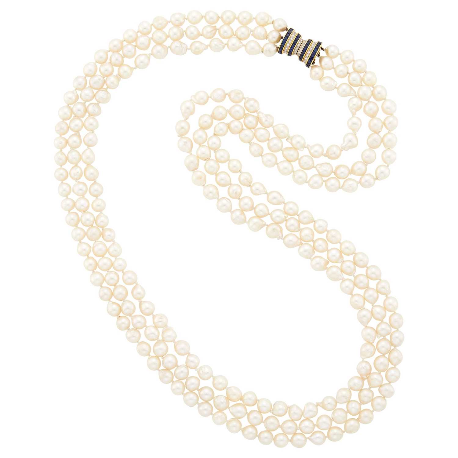 Lot 2191 - Long Triple Strand Semi-Baroque Cultured Pearl Necklace with Gold, Sapphire and Diamond Clasp