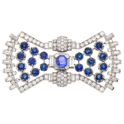 Lot 126 - Platinum, Violet Sapphire, Sapphire and Diamond Bow Brooch, France