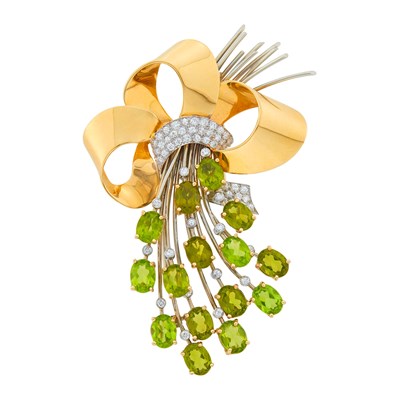 Lot 104 - Two-Color Gold, Platinum, Peridot and Diamond Clip-Brooch