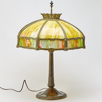 Lot 253 - American Slag Glass and Patinated Metal Table Lamp