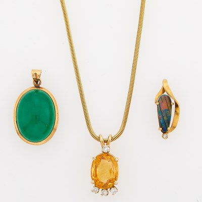 Lot 1026 - Gold, Citrine and Diamond Pendant with Chain Necklace, Opal Pendant and Jade Pendant