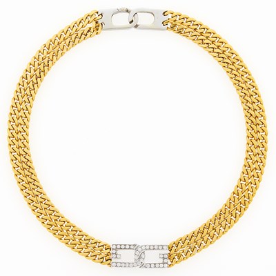 Lot 1018 - Double Strand Two-Color Gold and Diamond Curb Link Necklace