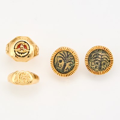 Lot 1288 - Two Gold Rings and Pair of Silver Coin Earrings