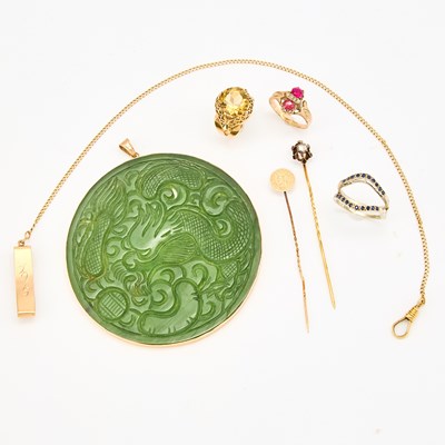 Lot 1293 - Gold and Carved Nephrite Pendant and Group of Gold, Low Karat Gold, White Gold and Gem-Set Jewelry