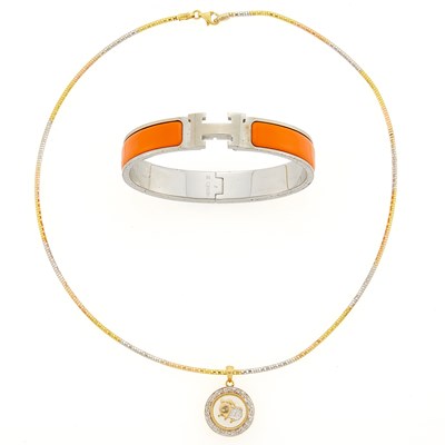 Lot 1273 - Gold and Diamond Pendant with Tricolor Gold Chain Necklace and Hermès Metal 'Clic H' Bracelet