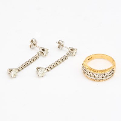 Lot 1304 - Two-Color Gold and Diamond Ring and Pair of White Gold and Diamond Pendant-Earrings