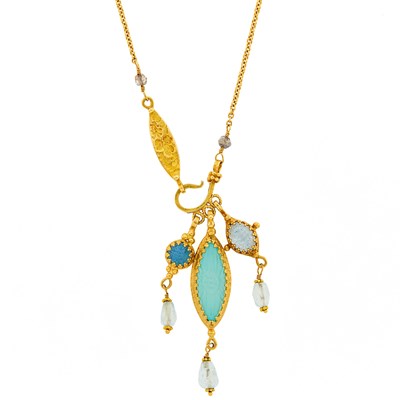 Lot 1095 - Becky Kelso Gold, Carved Colored Stone and Bead Pendant-Necklace