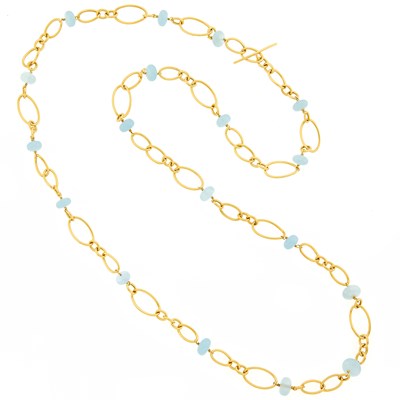 Lot 1053 - Gold and Aquamarine Bead Chain Necklace