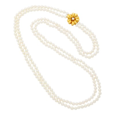 Lot 20 - Long Double Strand Cultured Pearl Necklace with Two-Color Gold and Diamond Flower Clasp