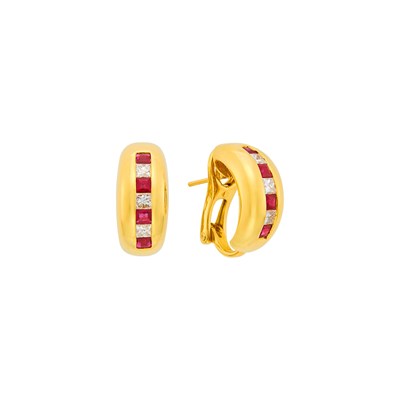 Lot 72 - Pair of Gold, Ruby and Diamond Half-Hoop Earrings