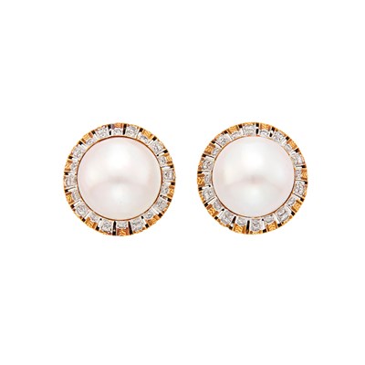 Lot 1087 - Trio Pair of Two-Color Gold, Mabé Pearl and Diamond Earrings