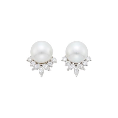 Lot 129 - Pair of White Gold, South Sea Cultured Pearl and Diamond Earrings with Interchangeable Tahitian Gray Cultured Pearls