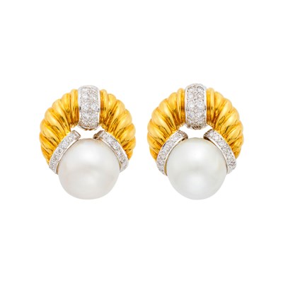 Lot 21 - Pair of Two-Color Gold, Three-Quarter South Sea Cultured Pearl and Diamond Earrings