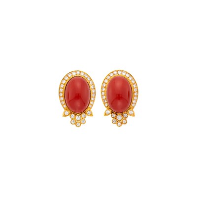 Lot 4 - Pair of Gold, Oxblood Coral and Diamond Earclips