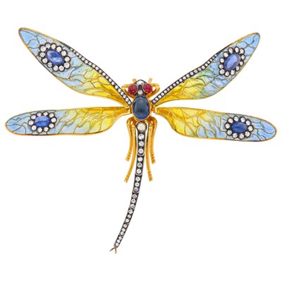 Lot 114 - Gold, Silver, Plique-à-Jour Enamel, Cabochon Sapphire, Ruby and Diamond 'En Tremblant' Dragonfly Brooch