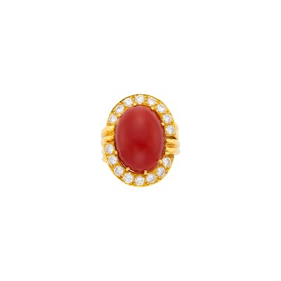 Lot 6 - Gold, Oxblood Coral and Diamond Ring