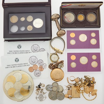 Lot 2028 - Group of United States Silver, Clad and Metal Coins and Mint Sets, Gentleman's Gold-Filled Wristwatch, Hunting Case Pocket Watch and Group of Gold and Metal Jewelry