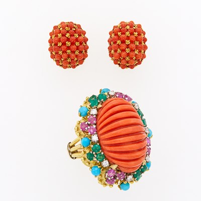 Lot 1092 - Gold, Fluted Coral and Gem-Set Ring and Pair of Earclips